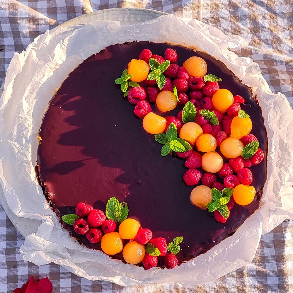 Tarta de chocolate frambuesa y melón